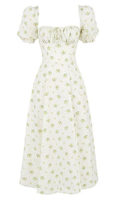 VINTAGE FLORAL PUFF SLEEVE MIDI DRESS IN WHITE