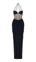MESH VELVET MAXI DRESS IN BLACK