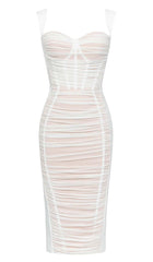RUCHED BUSTIER MESH MIDI DRESS IN WHITE