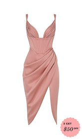 SATIN CORSET MIDI DRESS IN BLUSH