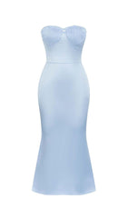 BANDEAU SATIN SLIT MIDI DRESS IN SKY BLUE