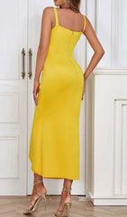 HIP WRAP BANDAGE MIDI DRESS IN YELLOW