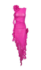 PERSPECTIVE RUFFLE MIDI DRESS IN PINK