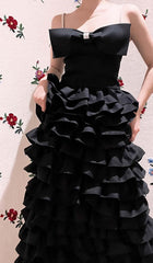 LAYERED BOW-EMBELLISHED MAXI DRESS IN BLACK