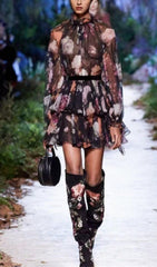 STAND COLLAR LANTERN SLEEVE HIGH WAIST VINTAGE DRESS