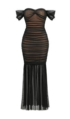 OFF SHOULDER MESH RUCHED MAXI DRESS