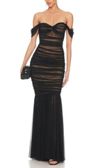 OFF SHOULDER MESH RUCHED MAXI DRESS