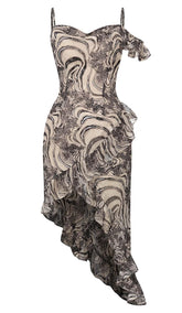 RUFFLE SIDE SPLIT MIDI DRESS IN PALE SAND