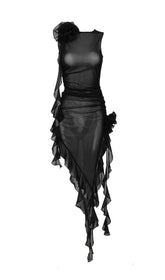 PERSPECTIVE RUFFLE MIDI DRESS IN BLACK