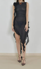 PERSPECTIVE RUFFLE MIDI DRESS IN BLACK