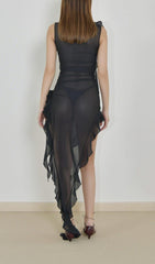 PERSPECTIVE RUFFLE MIDI DRESS IN BLACK