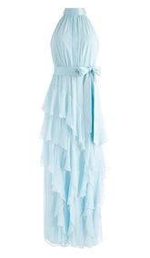 RUFFLED MESH MAXI DRESS IN CLEAR SKY