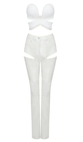 CUT OUT PU TWO-PIECE SUIT IN WHITE