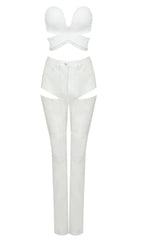 CUT OUT PU TWO-PIECE SUIT IN WHITE