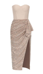 SEQUIN RUCHED SLIT MIDI DRESS IN GOLD