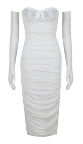 RUCHED BANDEAU MIDI DRESS IN WHITE