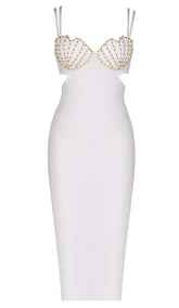 SHELL STRAP BEADING MIDI DRESS IN WHITE