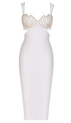 SHELL STRAP BEADING MIDI DRESS IN WHITE