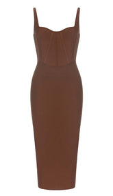 WAIST-TIGHTENING CORSET MIDI DRESS IN BROWN