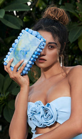 ACRYLIC BEADED CLUTCH IN BLUE