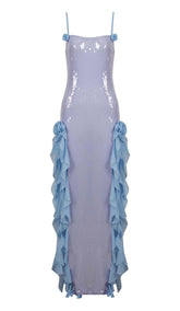 SPAGHETTI STRAP RUFFLE MAXI DRESS IN SKY BLUE