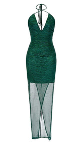 SPLIT THIGH MESH MIDI DRESS IN OLIVE GREEN