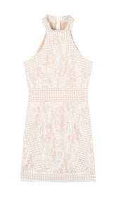 HIGH NECK CROCHET MINI DRESS IN BEIGE