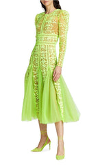 LACE PLATED MIDI DRESS IN GREEN