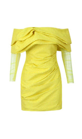 YELLOW OFF SHOULDER RUCHED MESH MINI DRESS