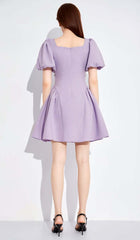 PUFF SLEEVES WAIST-TIGHTENING MINI DRESS IN LILAC