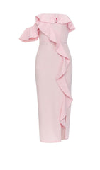 ONE SHOULDER RUFFLE TRIM MIDI DRESS IN PINK