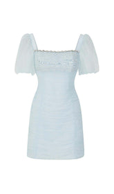 PUFF SLEEVE PERSPECTIVE MINI DRESS IN SKY BLUE