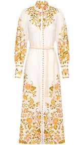 FLORAL-PRINT ROPE BELT MIDI DRESS IN IVORY