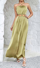 WAIST CUTOUT SATIN MAXI DRESS IN OLIVE