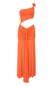 ASYMMETRIC RUCHED JERSEY MAXI DRESS IN ORANGE