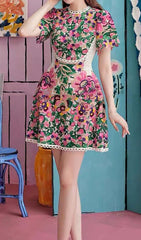 FLORAL-EMBROIDERED LACE MINI DRESS