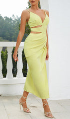 SATIN CUT OUT V NECK MIDI DRESS IN YELLOW