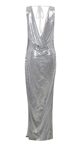 MBELLISHED V-NECK COLUMN GOWN IN SILVER