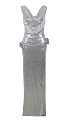 MBELLISHED V-NECK COLUMN GOWN IN SILVER