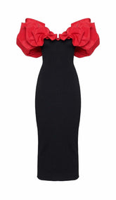 RUFFLED PENCIL MIDI DRESS IN BLACK