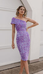 SEQUIN STRAPLESS MIDI DRESS IN PURPLE