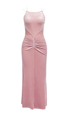 PINK SUSPENDER BACKLESS VELVET PLEATED HIP DRESS
