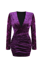 PURPLE V NECK RUCHED VELVET MINI DRESS
