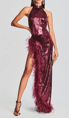 RED SLIT SEQUIN FEATHER MAXI DRESS