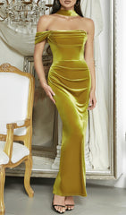 MATCHA HALTER NECK STRAPLESS SLEEVELESS PLEATED MAXI DRESS