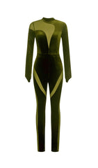 OLIVE GREEN VELVET CASUAL LONG-SLEEVED TIGHT MESH JUMPSUIT