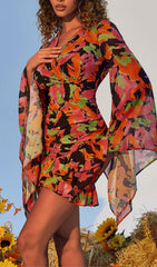 PRINTED RUFFLE MESH DRESS