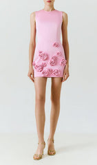 ROSE-APPLIQUÉ ROUND NECK CADY MINI DRESS