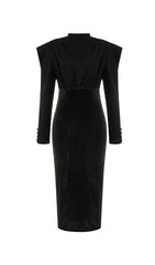 LONG-SLEEVED BACKLESS BOW MESH VELVET PATCHWORK MIDI DRESS