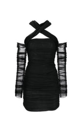 BLACK COLD-SHOULDER RUCHED TULLE MINI DRESS